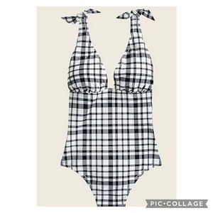 J CREW classic navy and white one piece swimsuit with shoulder ties